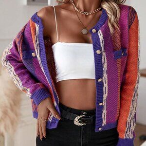 Multicolor Casual Women's Color Block Button Front Cardigan